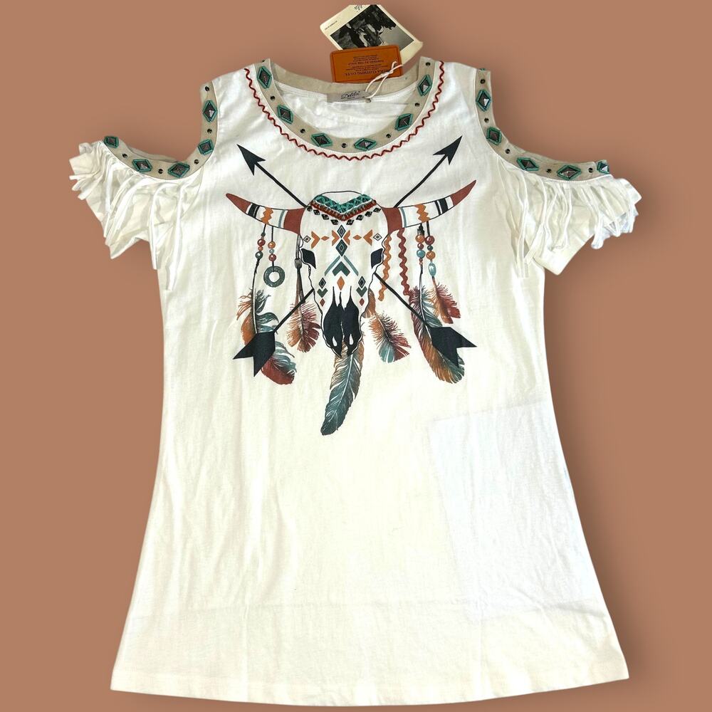 Delila Womens L Open Shoulder Shirt Aztec Skull Geometric Beaded Collar NWT
